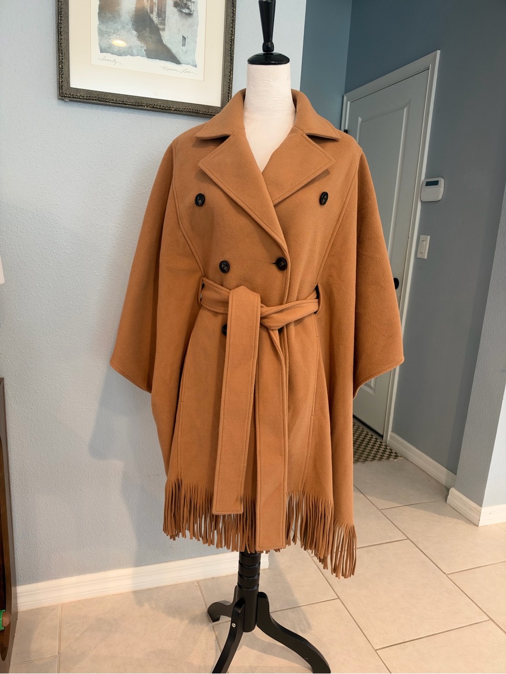 Express Camel Fringe Belted Double-Breasted Cape